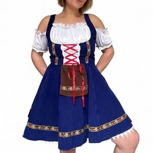 Charming Blue and White Dirndl Dress with Red Accents